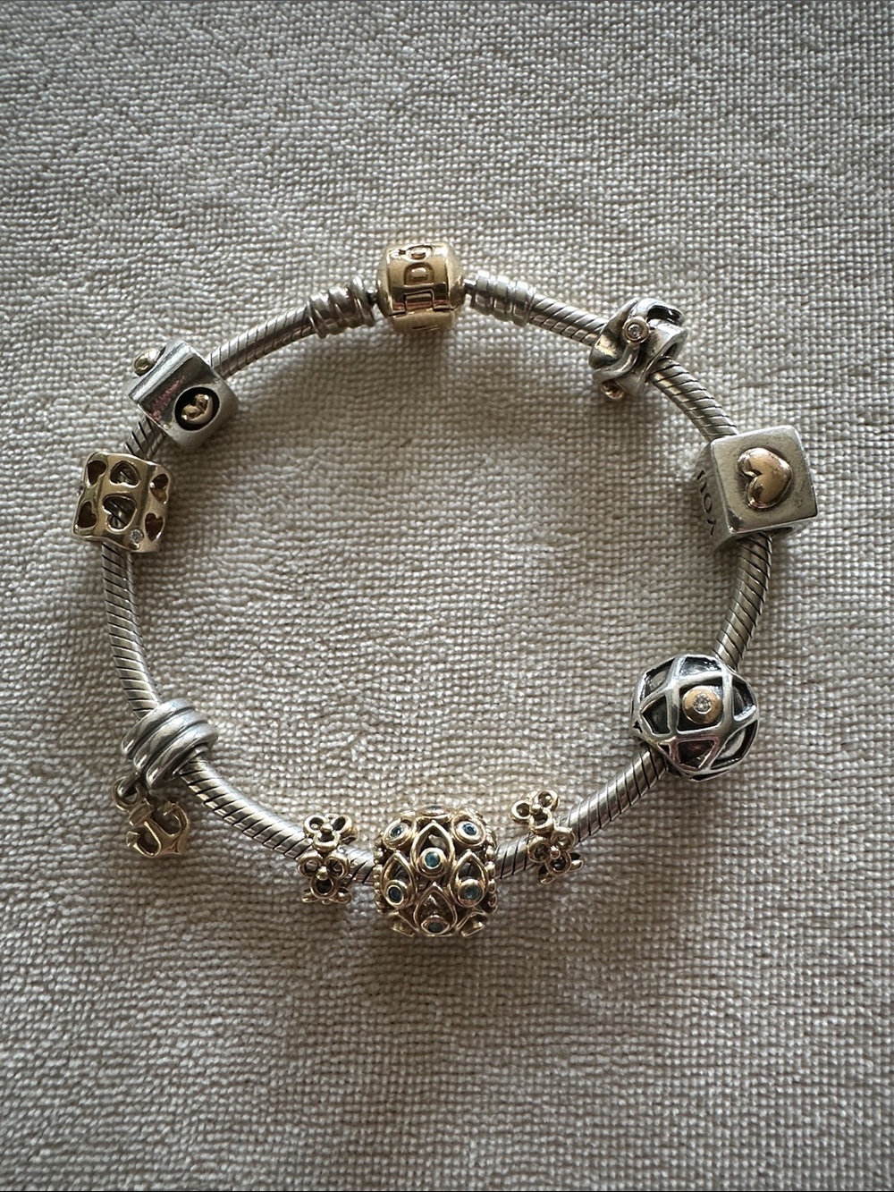 Pandora Retired 14k & Sterling Silver Bracelet w 9 charms- diamonds